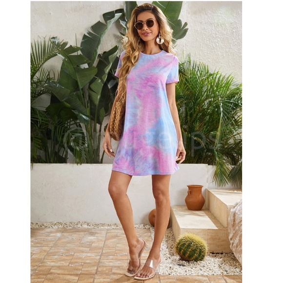 Tie Dye Print Mini Tee Shirt Dress Short Sleeve Pink Blue A-Line - Picture 5 of 7